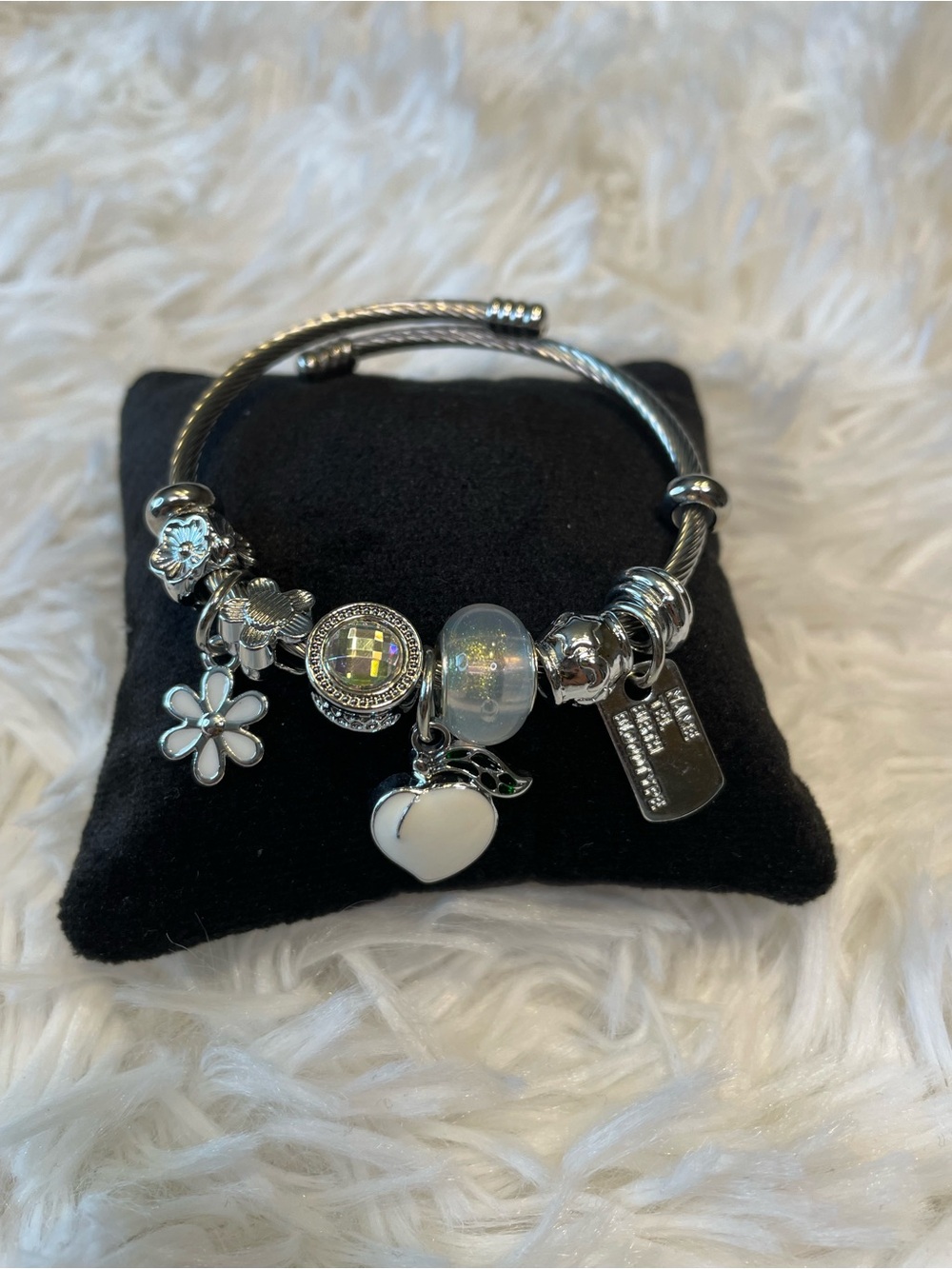 Silver Charm Bangle Bracelet with White Enamel Peach & Flower Charms